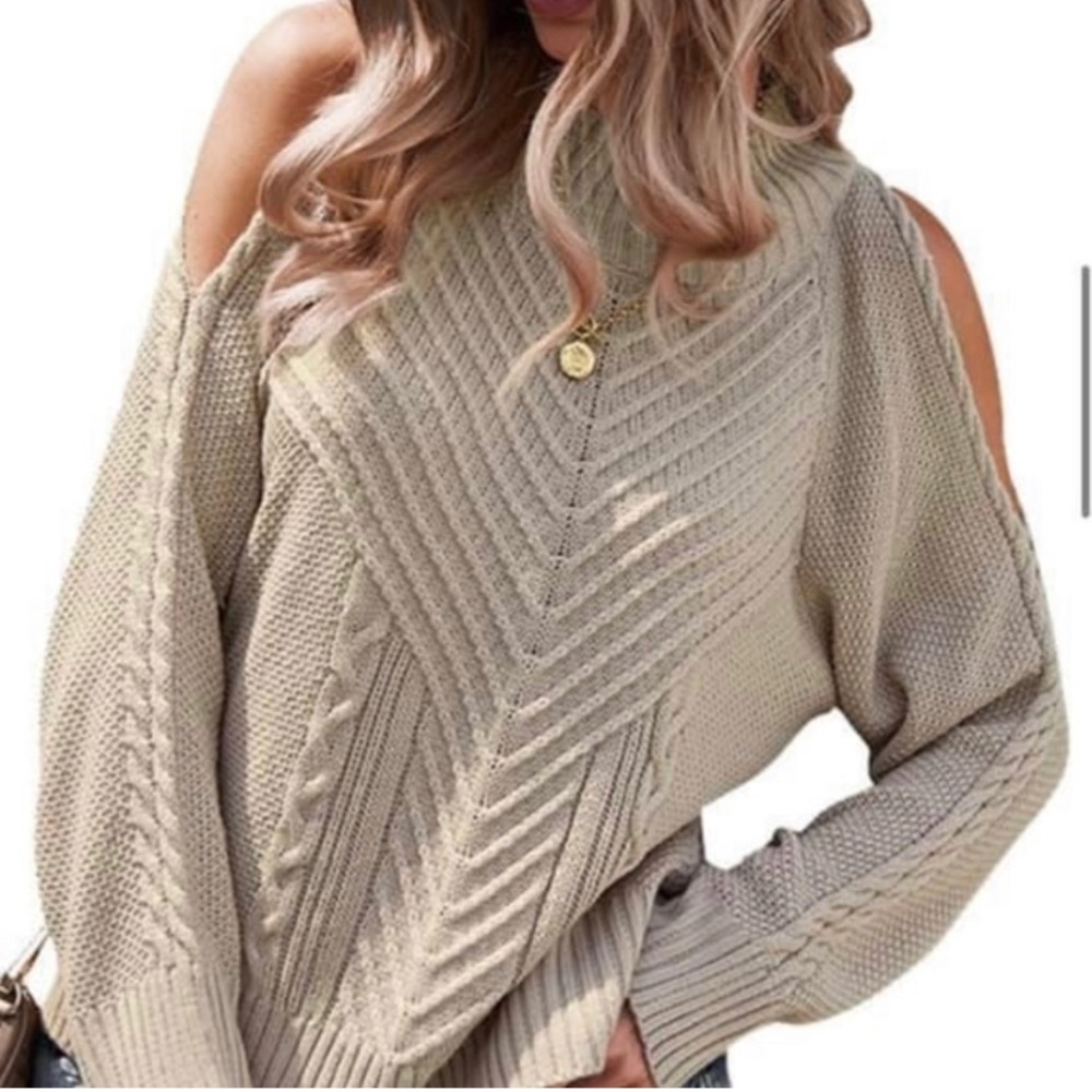 Mountain Valley Trading Open Shoulder Chunk Knit Sweater Khaki Large NWT